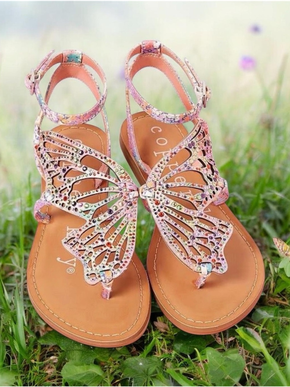 Copper Key Flutter Rainbow Rhinestone Printed Butterfly Sandals